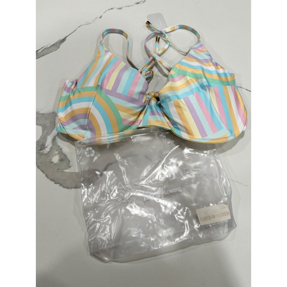 Watercolors by Kenny Flowers‎ Pastel Rainbow Stripe Underwire Bikini Top XL NEW